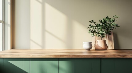 Fototapeta premium A minimalist wooden table in front of deep green kitchen cabinets and soft beige walls, perfect for product photography