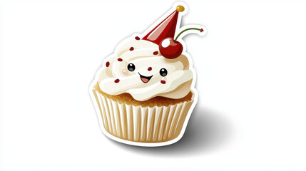 Cute cupcake with smiling face, topped with cream, cherry, and party hat, perfect for celebrations and desserts