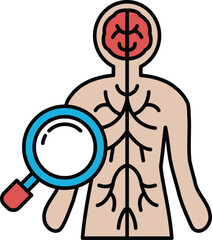 A cartoon drawing of a person with a magnifying glass over their head