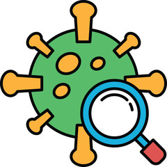 A green and yellow virus with a magnifying glass on it