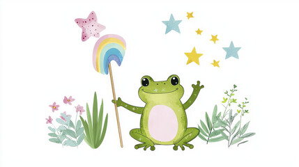 Naklejka premium Cute frog holding rainbow wand surrounded by flowers and stars, creating whimsical and joyful atmosphere