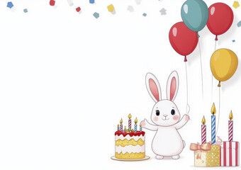 Obraz premium Cute rabbit celebrating birthday with colorful cake, balloons, and festive decorations, creating joyful atmosphere