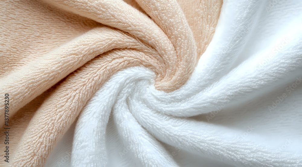 Poster soft twisted fabric texture in beige and white colors creates elegant swirl pattern, macro close up 