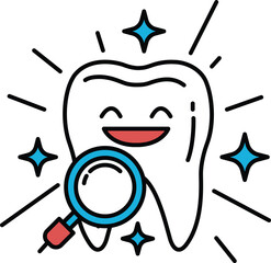 A cartoonish tooth with a magnifying glass on it