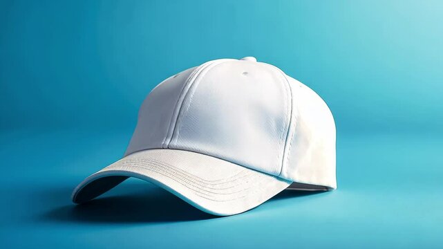A white baseball cap mockup on blue background	