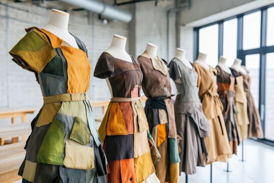 A row of stylish, patchwork dresses displayed on mannequins in an industrial space, showcasing modern fashion design and creativity.