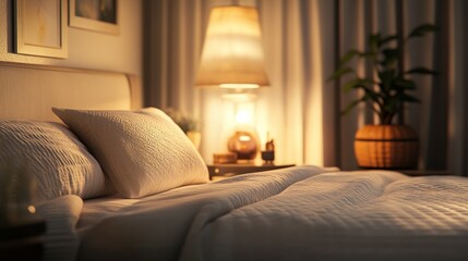 A warm and inviting bedroom with a well-made white bed and an elegant bedside lamp for a relaxing feel.