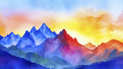 stunning watercolor landscape featuring majestic mountains vibrant hues of blue, orange, and yellow, evoking sense of tranquility and inspiration