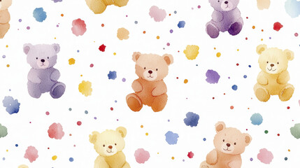 Fototapeta premium Cute watercolor teddy bears in pastel colors with colorful splashes create playful and cheerful pattern, perfect for children decor