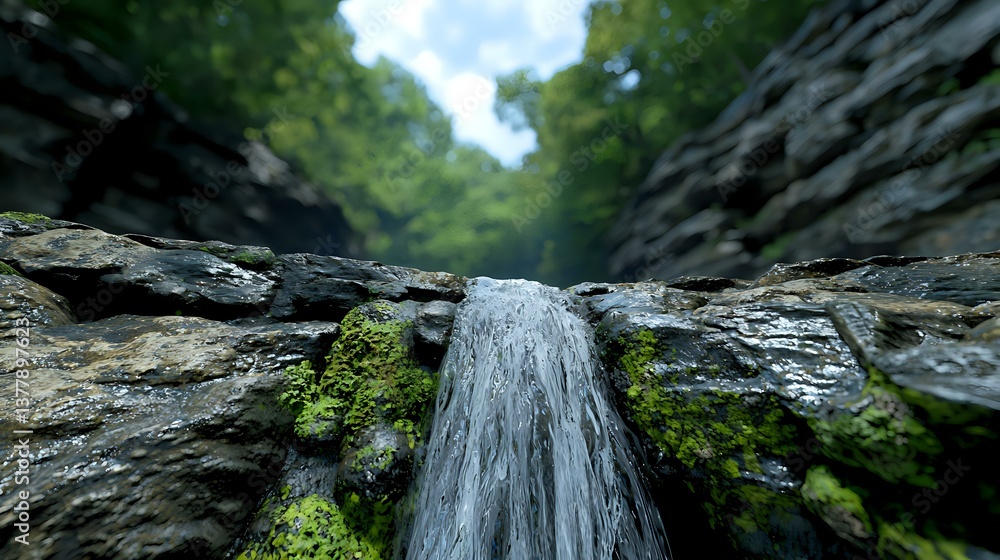Poster cascading waterfall flows between moss-covered rock formations in dense forest setting, creating dra
