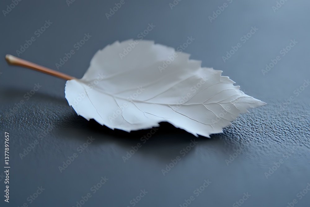 Poster single white birch leaf on dark textured surface with delicate veins and natural stem creating minim