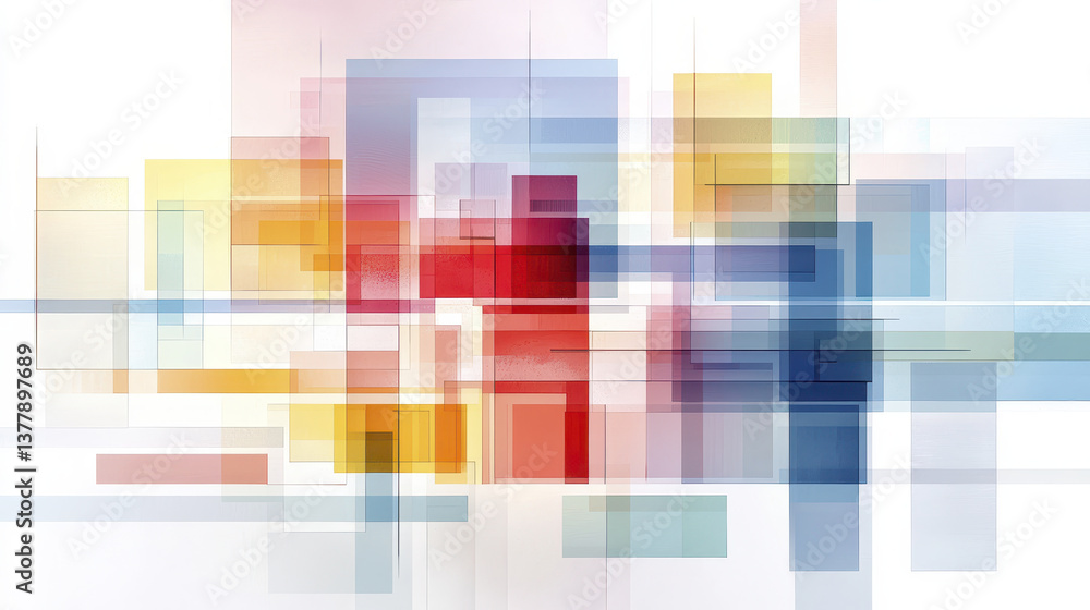 Poster abstract geometric shapes in vibrant colors create dynamic composition, evoking sense of movement an