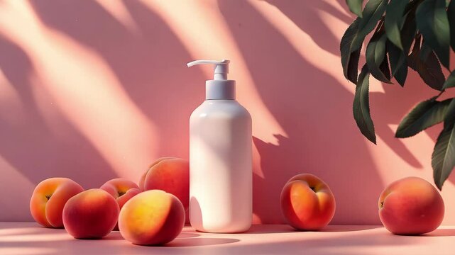A white blank plastic cosmetics container for shampoo mockup with blank label surrounded by fruits, Cosmetics bottle mockup	