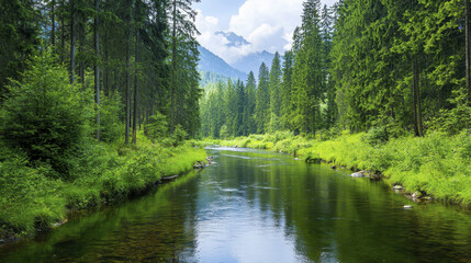 Fototapeta premium serene river flows through lush green forest, surrounded by tall trees and majestic mountains in background, evoking sense of tranquility