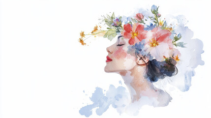 serene woman with flowers in her hair, embodying beauty and nature harmony, evokes sense of tranquility and artistic expression