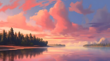 Peaceful Lakeside Sunset with Pink Clouds and Trees