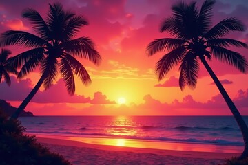 Vibrant sunset behind silhouette of palm trees on a tropical beach, paradise, nature, leisure
