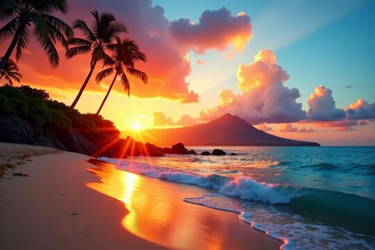 Vibrant sunset at Waikiki Beach with Diamond Head in the background, tropical, scenic, tourism