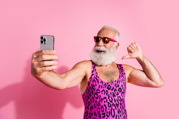 Photo of cool handsome old man point self take selfie photo wear glamour leopard print overall...