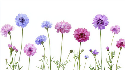 Beautiful watercolor flowers shades of purple and blue, showcasing delicate petals and slender green stems, evoke sense of tranquility and nature