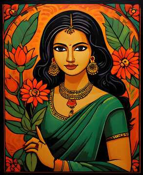 Indian woman in saree, Abstract art, woman with flowers, illustration of a woman,  vector illustration of a woman