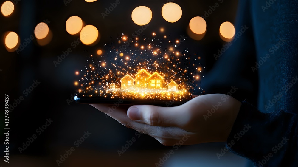 Poster magical glowing golden sparkles floating above an open palm against dark background with bokeh light
