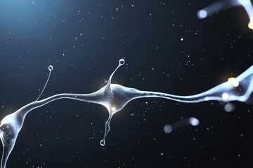 A close-up view of a neuron-like structure, showcasing intricate details and a dynamic, flowing appearance against a dark background.