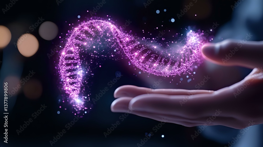 Poster glowing purple dna helix floating above open palms against dark background with bokeh lights and spa
