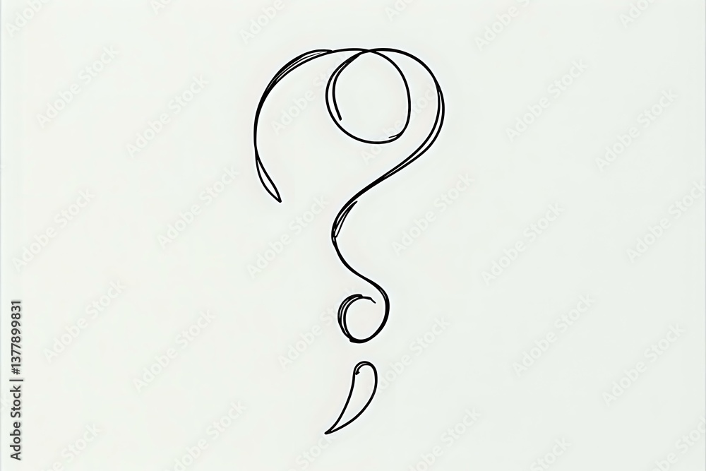 Poster minimalist line drawing of question mark in continuous flowing curved strokes on white background, e