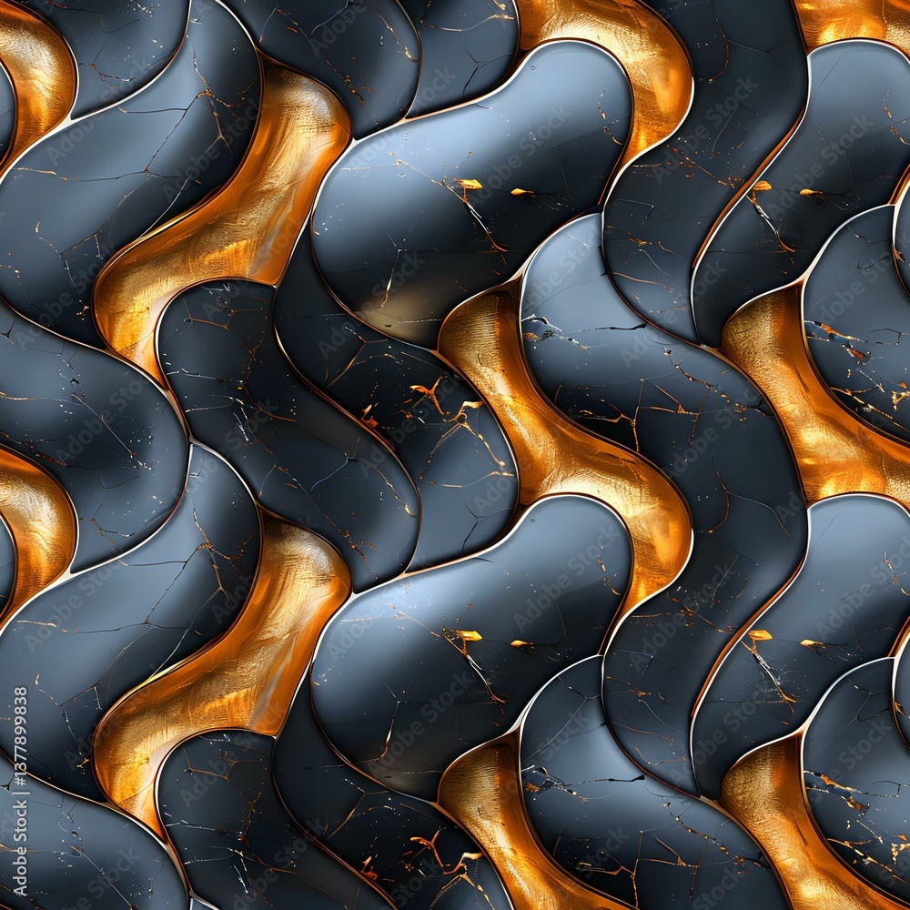 Poster abstract wavy pattern with black and gold metallic texture featuring dimensional curves and crackled