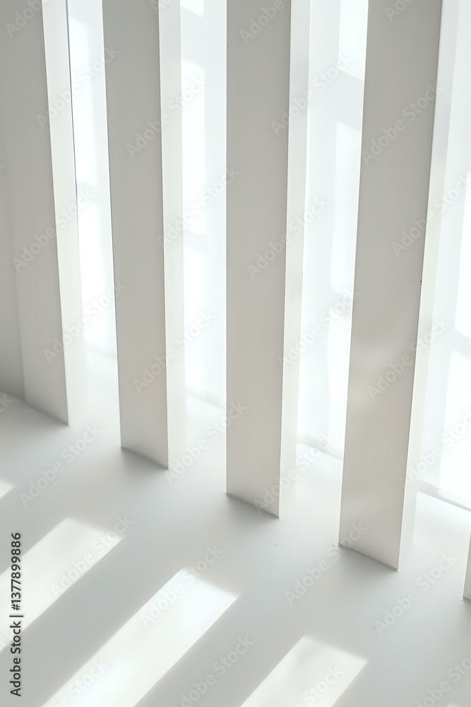 Poster minimalist white architectural detail with parallel vertical columns casting dramatic diagonal shado