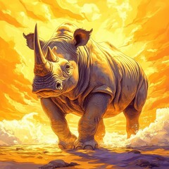 Fototapeta premium Rhinoceros on a serene beach, with waves under a golden sunset.