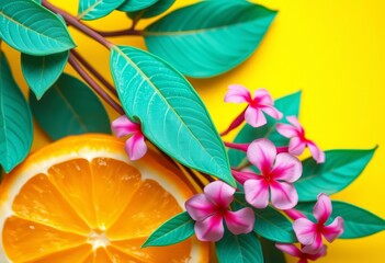 Naklejka premium Vibrant teal leaves & pink flowers on yellow, orange slice accent, floral, summer