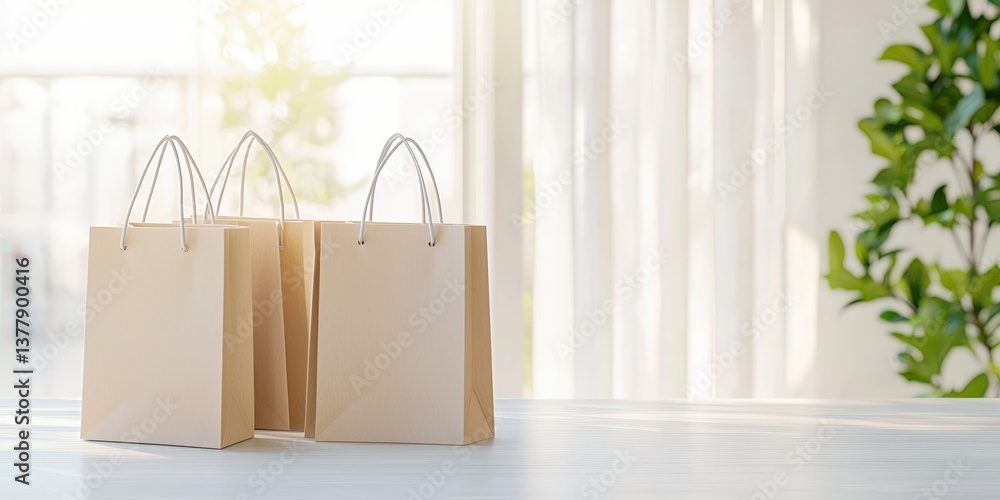 Aufkleber three empty shopping bags are placed on a table near a window, with sunlight filtering in and a gree