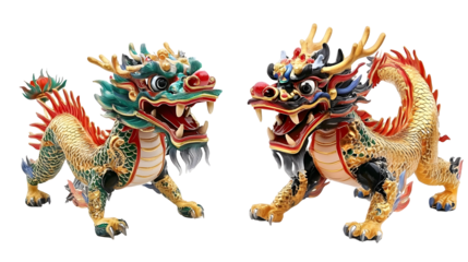 Mythical Chinese Dragon Figures Illustration Against Transparent Background