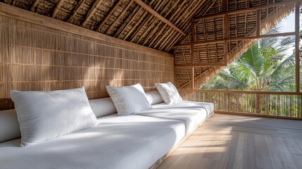 A serene interior space featuring a comfortable, wide seating area surrounded by natural materials and greenery, ideal for relaxation.