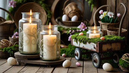candles and flowers, spring, rustic style, farmhouse decor, garden decor, easter, easter arrangement, spring arrangement, easter eggs in a basket