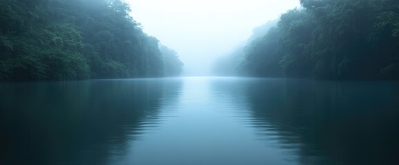Fototapeta premium Calm river flowing through lush, misty green forests under soft, ethereal light