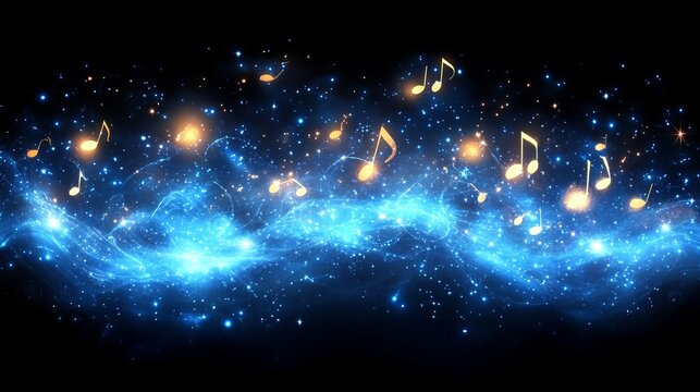 A blue and yellow background with many notes scattered throughout. Blue background with musical notes and symbols, musical theme for design. Vector illustration of music concept.