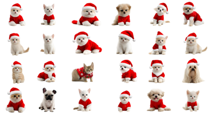 Pixelated Christmas Illustration of Cute Dogs and Cats in Red Santa Hats