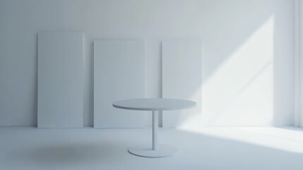 Minimalist White Room Interior Design with Round Table and Blank Canvases