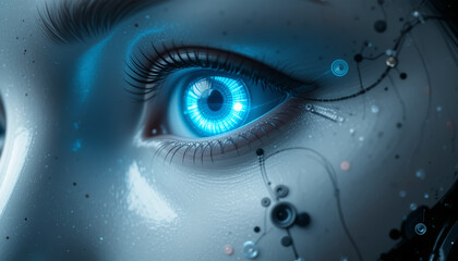 Close-up of a robotic eye with blue light