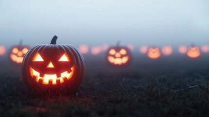 A misty landscape filled with glowing jack-o'-lanterns, creating a spooky Halloween atmosphere.