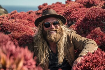 Smiling man with long blond hair and beard, wearing a hat and sunglasses, surrounded by vibrant red plants