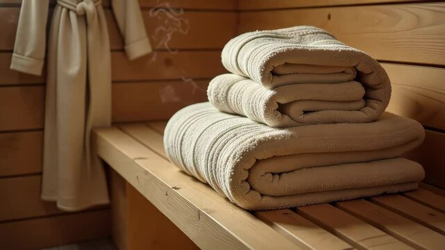 A stack of towels on a wooden shelf. The towels are white and tan. There is a lot of steam coming from the towels