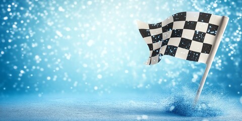 Checkered flag graphic design with an abstract background of dust and particles, a dynamic racing theme.