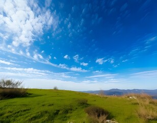 Sunny day with blue sky and white clouds over a green countryside