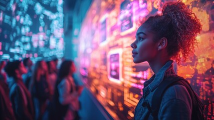 Obraz premium A diverse group of young entrepreneurs networking in Digital interaction showcase urban exhibition space technology installation high-tech environment close-up perspective
