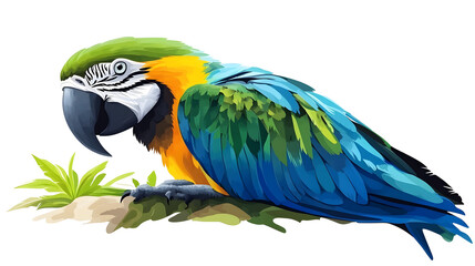 Fototapeta premium Realistic Illustration Of A Colorful Parrot With Blue Yellow And Green Feathers On Transparent Background