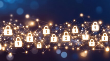 Obraz premium Abstract Network Security Glowing Padlocks and Connections on Dark Blue Background